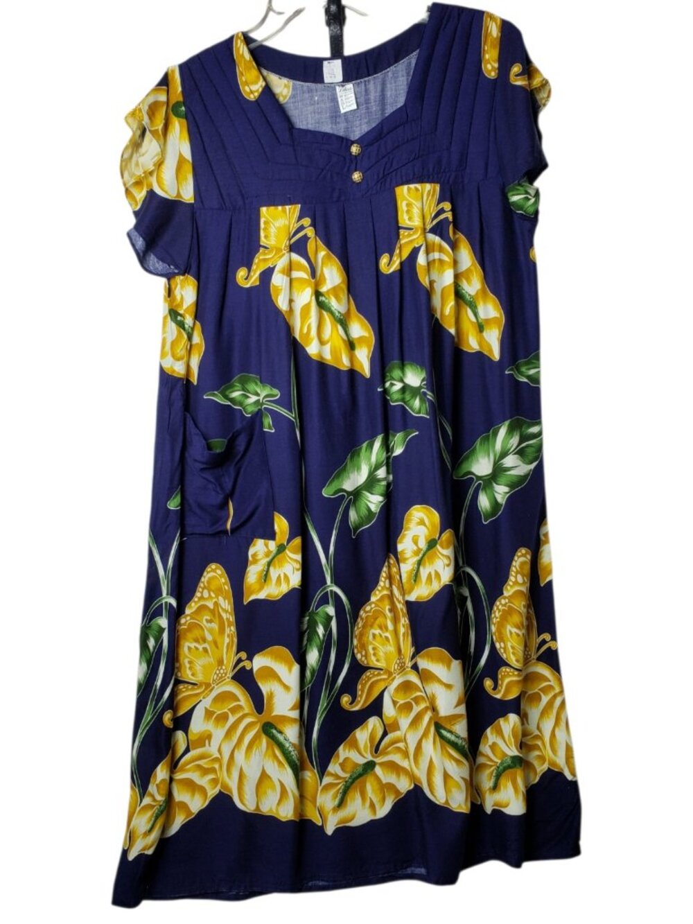 Lilias Women's Navy Tropical Floral Butterfly Midi Dress W/Pockets Large - Picture 2 of 10